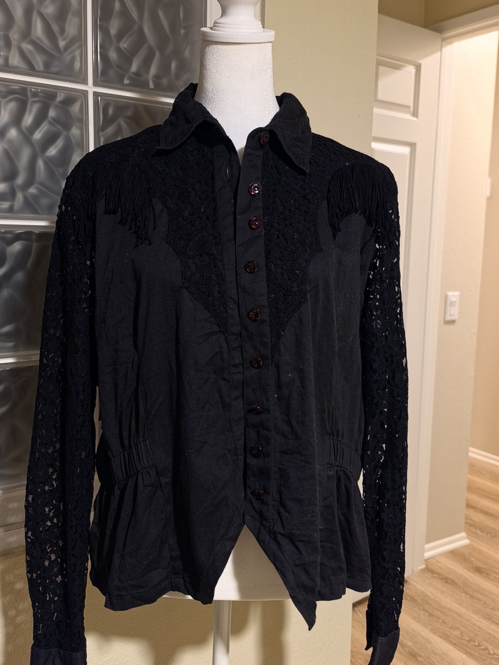 Women's Black Lace Fringe Button-Up Jacket